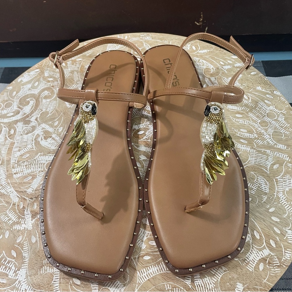 Chico's Parrot T-Strap Sandals Sequined and Beaded Parrot NWOT Size 9.5